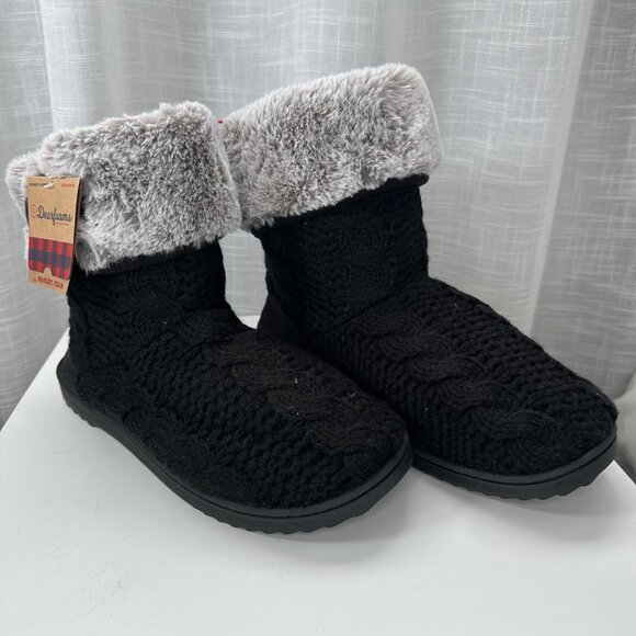 Dearfoams Women's Black & Gray Cable Knit Boot Slippers XL(11-12) - Picture 2 of 10
